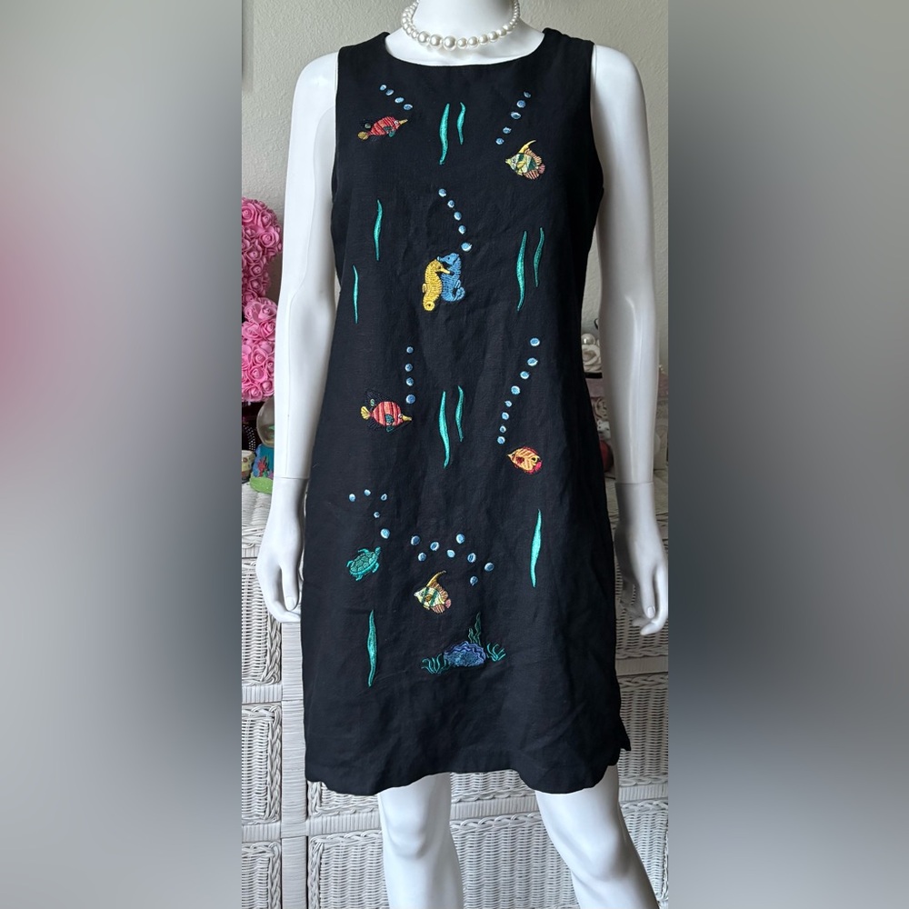 Ultra Dress Vintage Seahorses Marine Seascape Linen Mini Dress in Black Size 8